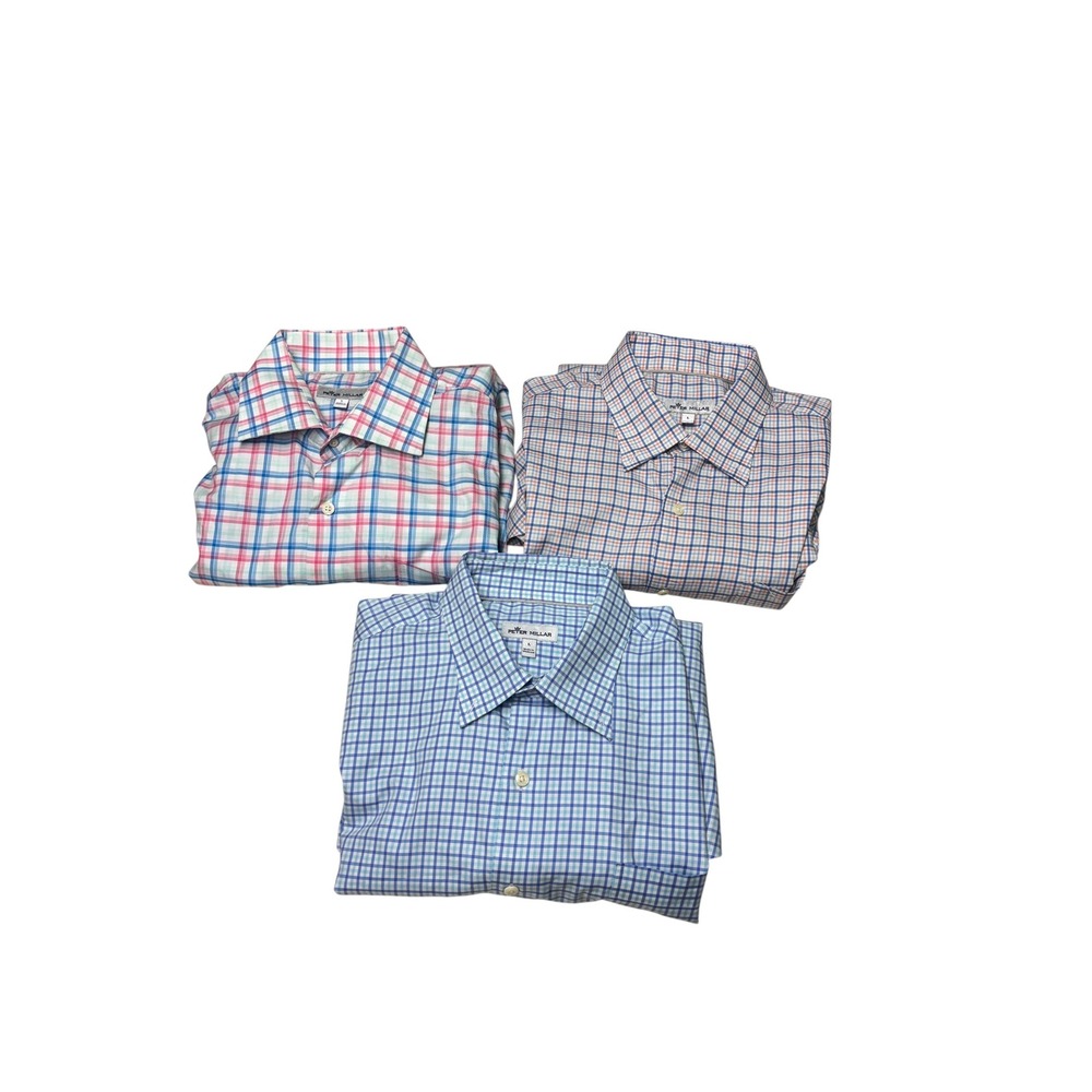 Lot of 3 Peter Millar Mens Large Plaid Button Down Stretch Shirt Blue Pink Check